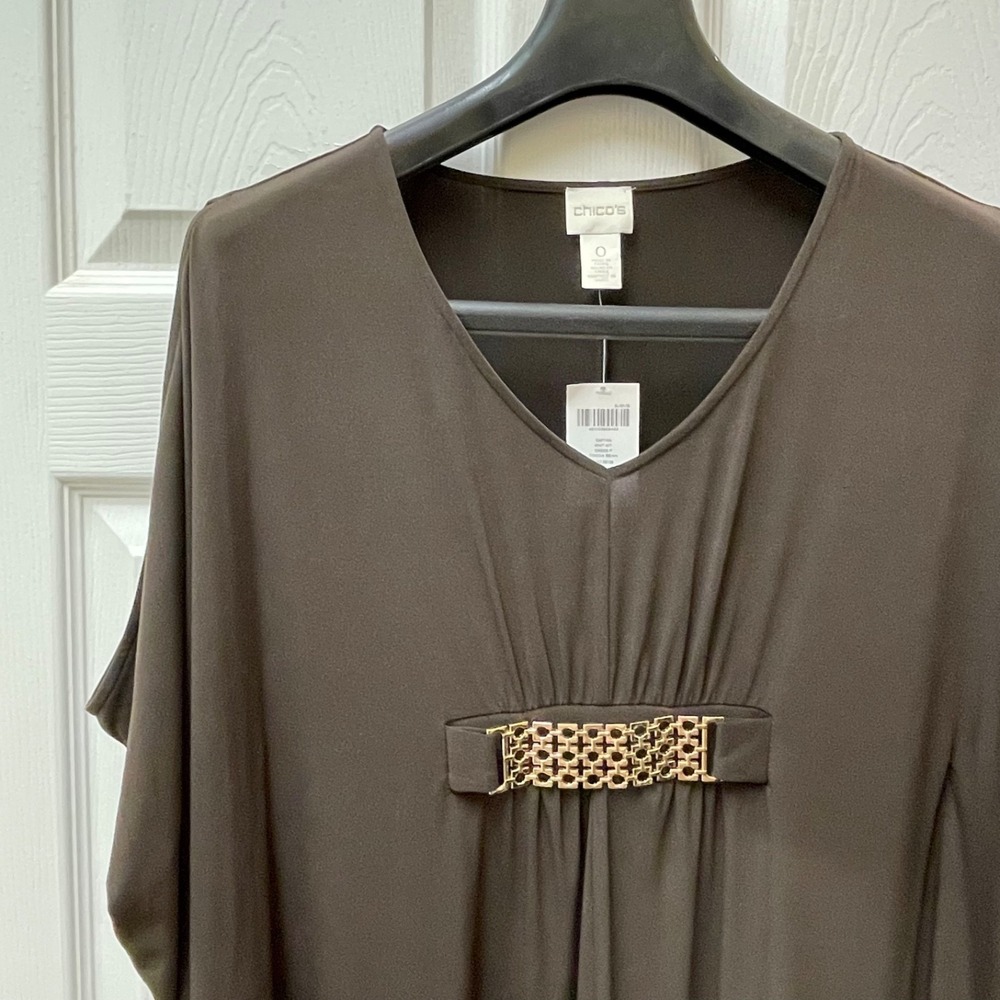 Chico's Sz 0 Cocoa Bean Full Length V-Neck Knit Kaftan w/Gold Metal Accents NWT